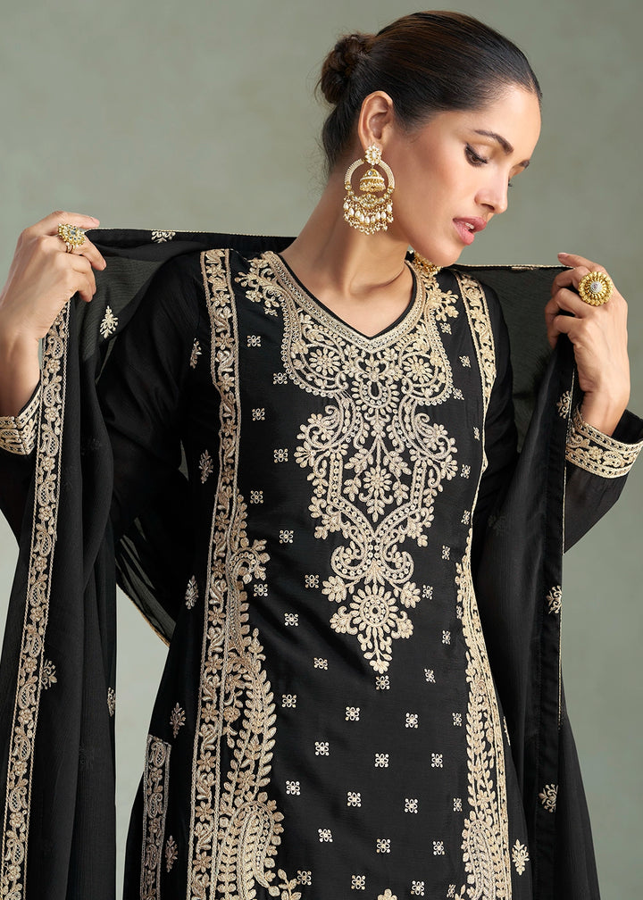 Pebble Black Embroidered Chinon Silk Palazzo Suit for Festive Wear