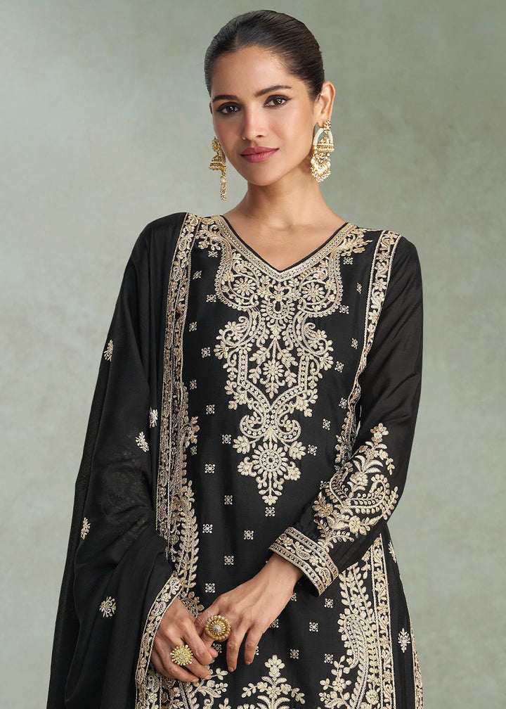 Pebble Black Embroidered Chinon Silk Palazzo Suit for Festive Wear