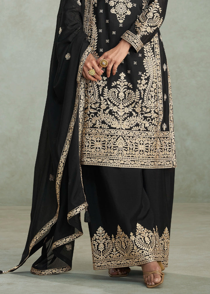 Pebble Black Embroidered Chinon Silk Palazzo Suit for Festive Wear