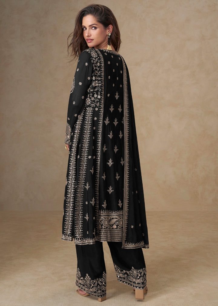 Jade Black Embroidered Chinon Silk Palazzo Suit for Festive Wear