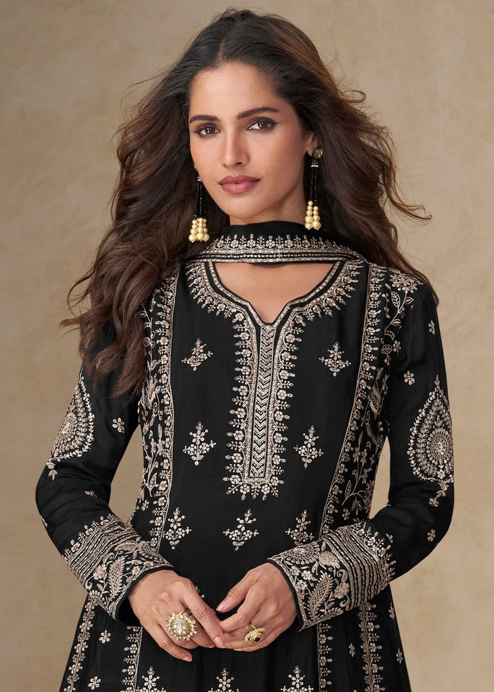 Jade Black Embroidered Chinon Silk Palazzo Suit for Festive Wear