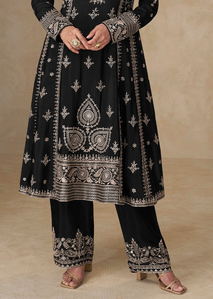 Jade Black Embroidered Chinon Silk Palazzo Suit for Festive Wear