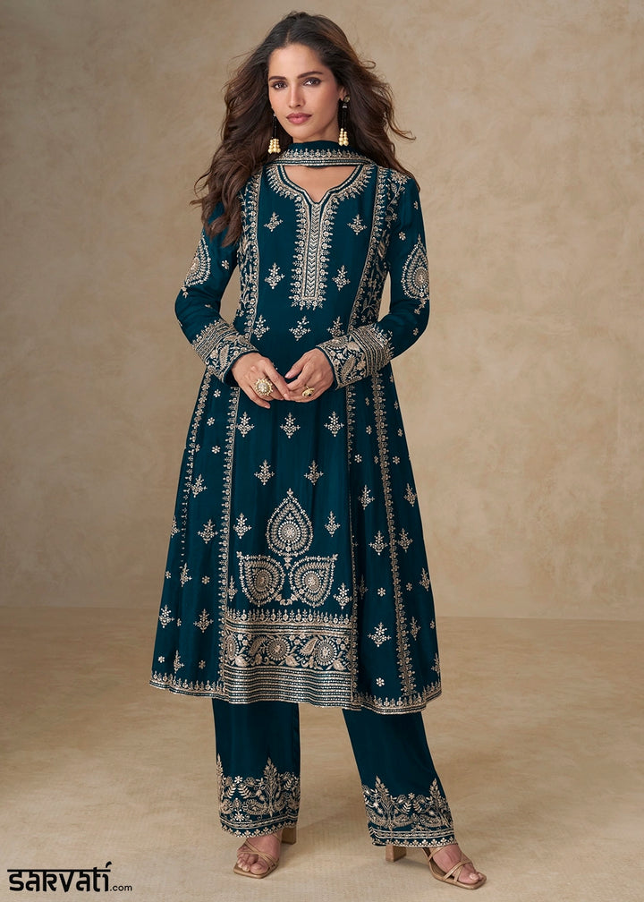Peacock Blue Embroidered Chinon Silk Palazzo Suit for Festive Wear