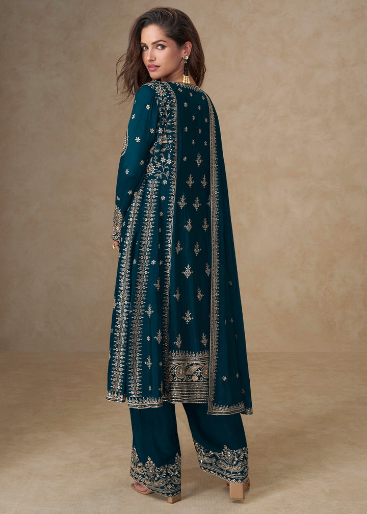 Peacock Blue Embroidered Chinon Silk Palazzo Suit for Festive Wear