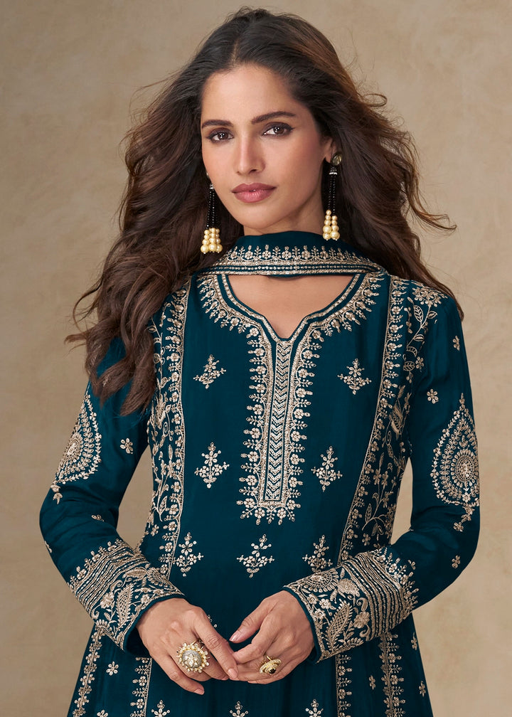 Peacock Blue Embroidered Chinon Silk Palazzo Suit for Festive Wear