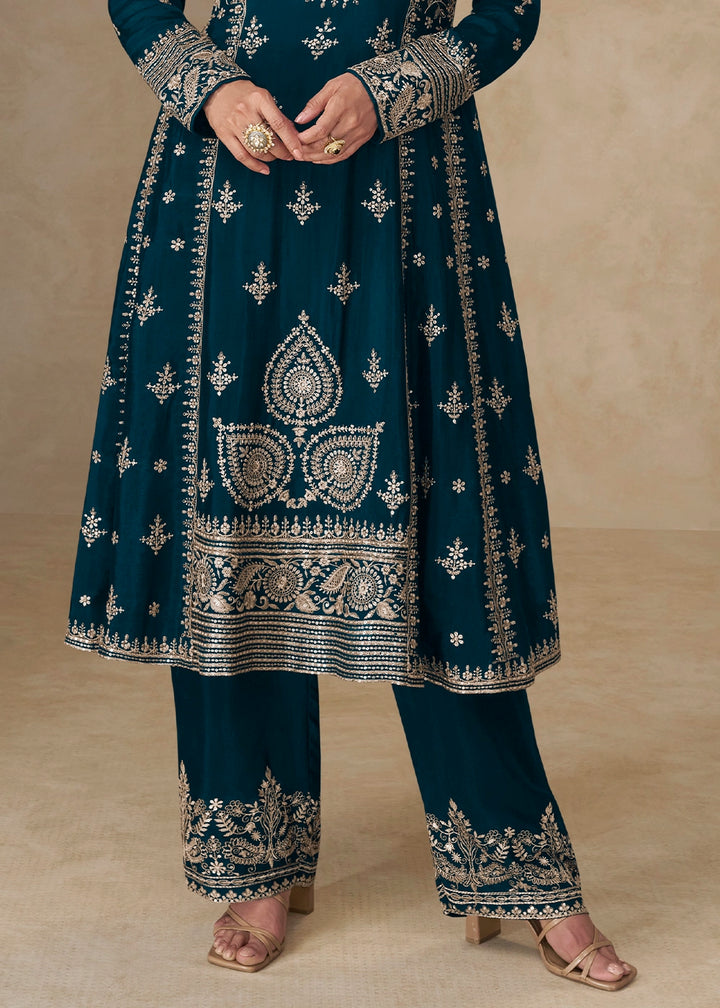 Peacock Blue Embroidered Chinon Silk Palazzo Suit for Festive Wear