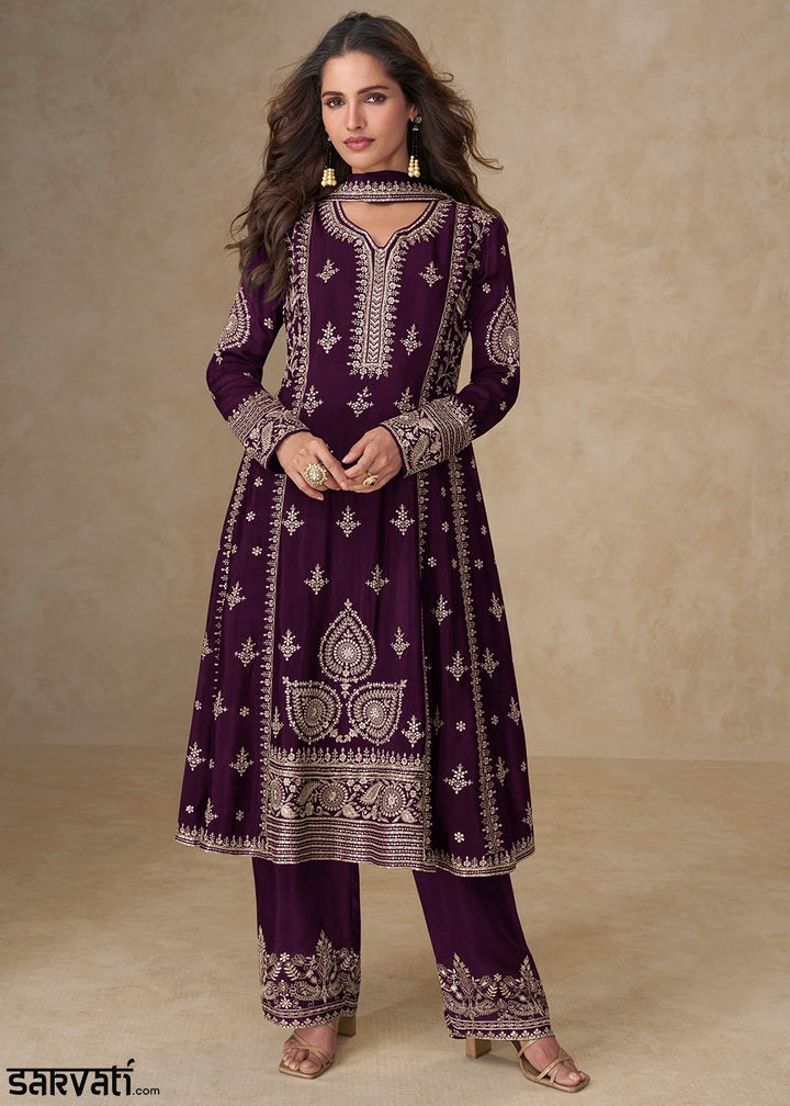 Raisin Purple Embroidered Chinon Silk Palazzo Suit for Festive Wear