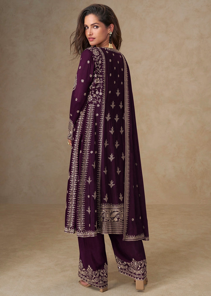 Raisin Purple Embroidered Chinon Silk Palazzo Suit for Festive Wear