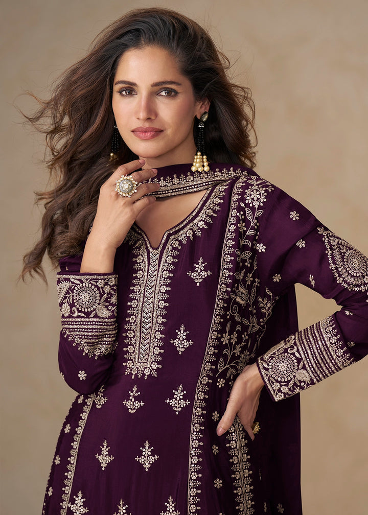 Raisin Purple Embroidered Chinon Silk Palazzo Suit for Festive Wear
