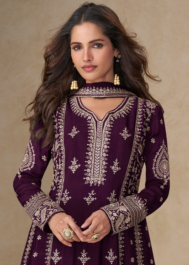 Raisin Purple Embroidered Chinon Silk Palazzo Suit for Festive Wear