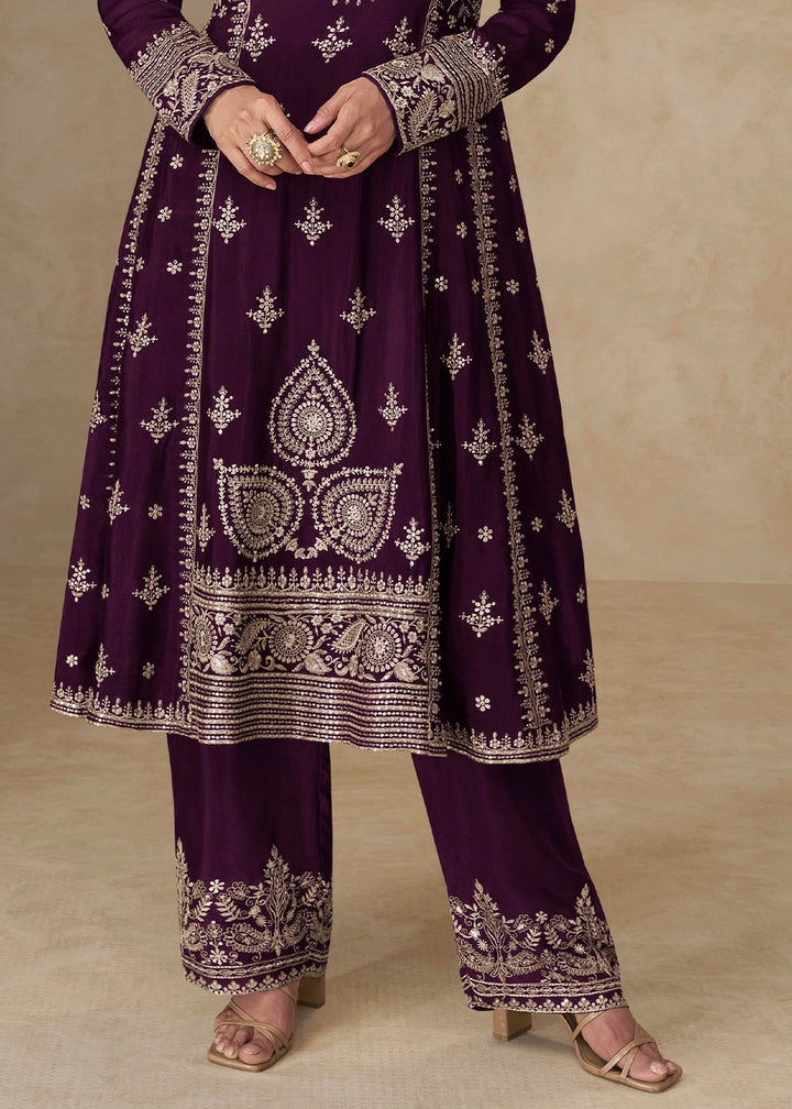 Raisin Purple Embroidered Chinon Silk Palazzo Suit for Festive Wear
