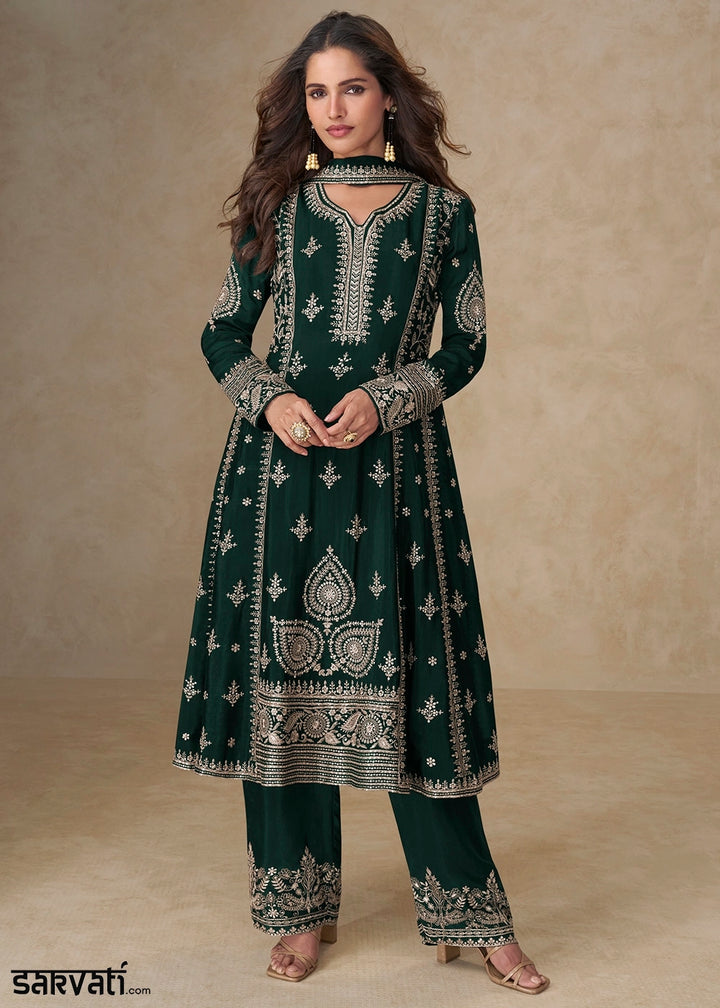 Sacramento Green Embroidered Chinon Silk Palazzo Suit for Festive Wear