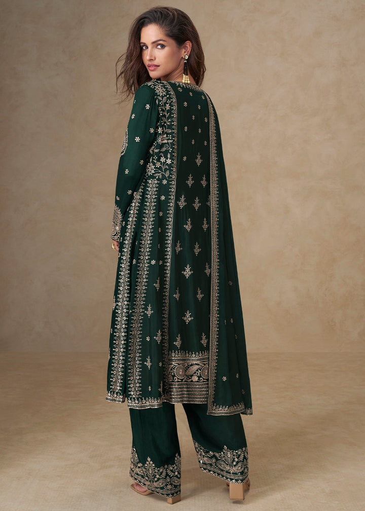 Sacramento Green Embroidered Chinon Silk Palazzo Suit for Festive Wear