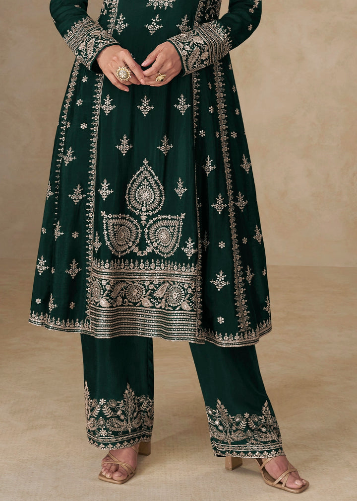 Sacramento Green Embroidered Chinon Silk Palazzo Suit for Festive Wear