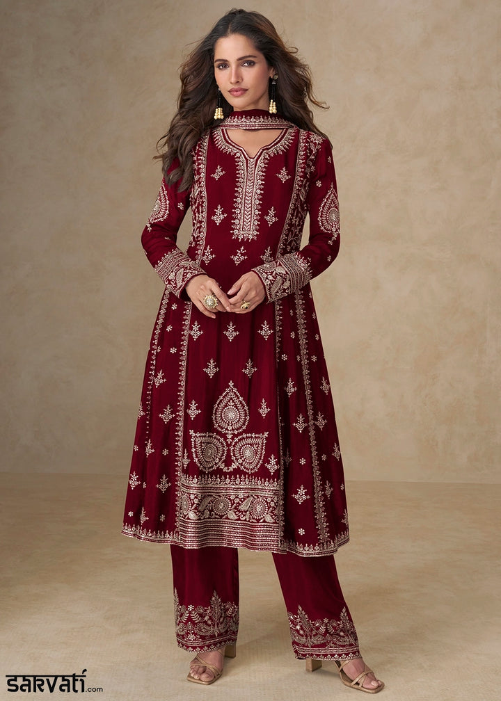 Maroon Red Embroidered Chinon Silk Palazzo Suit for Festive Wear