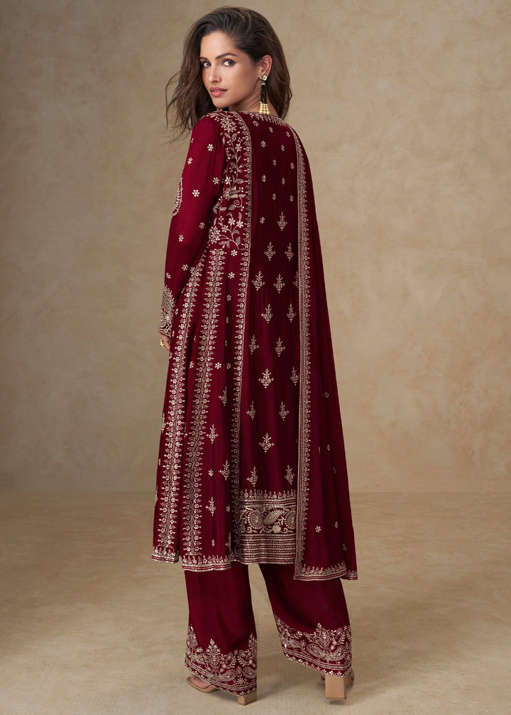 Maroon Red Embroidered Chinon Silk Palazzo Suit for Festive Wear