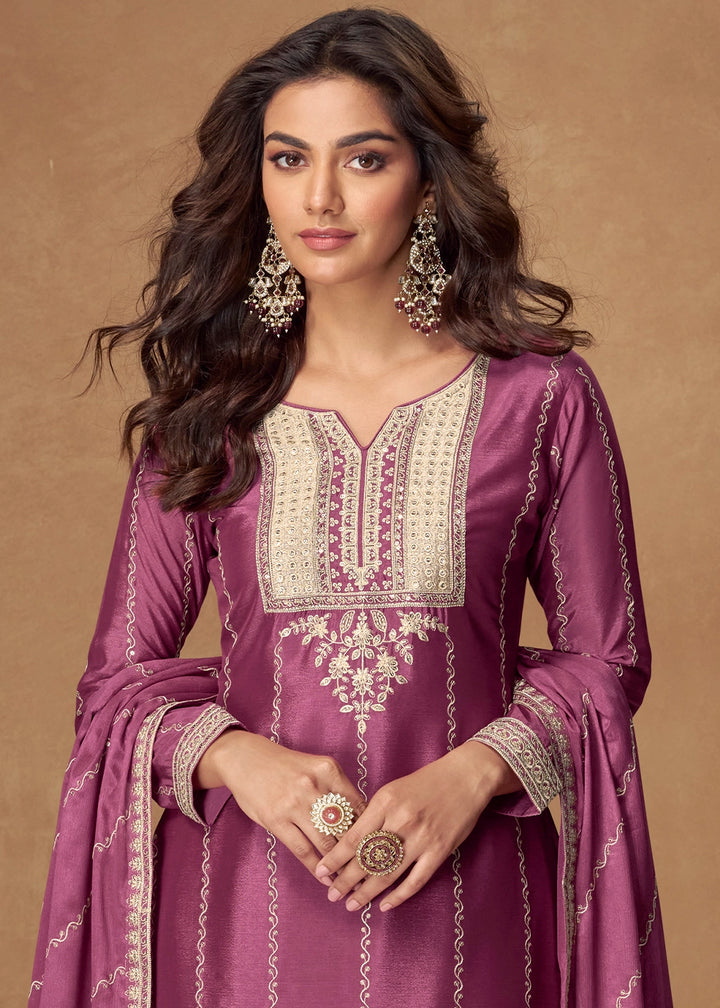 Wildberry Purple Palazzo Suit Set in Chinon Silk with Intricate Embroidery