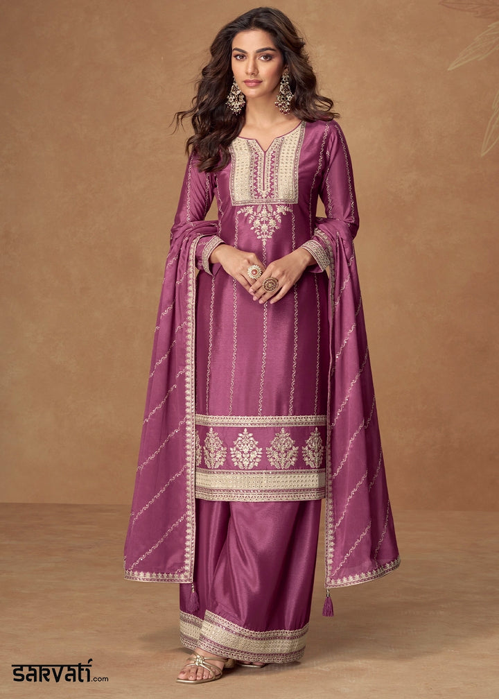Wildberry Purple Palazzo Suit Set in Chinon Silk with Intricate Embroidery
