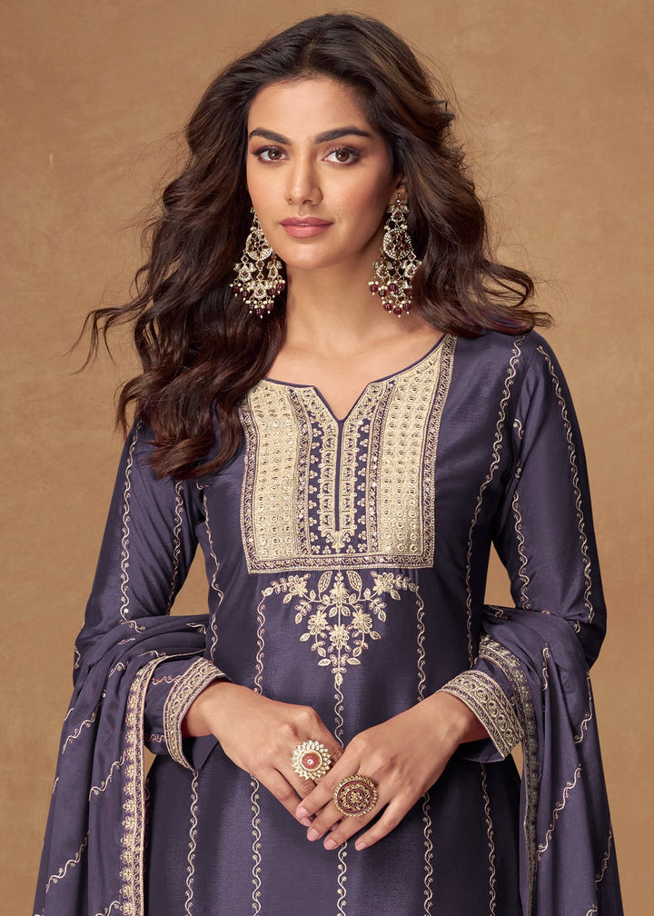 Matte Purple Palazzo Suit Set in Chinon Silk with Intricate Embroidery