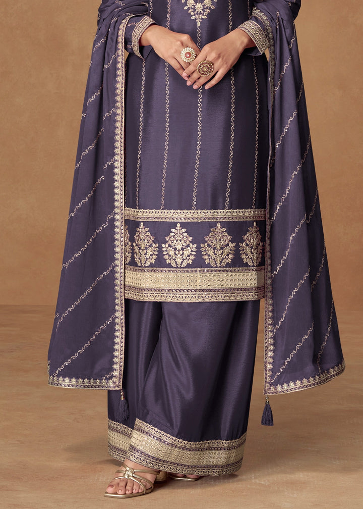 Matte Purple Palazzo Suit Set in Chinon Silk with Intricate Embroidery