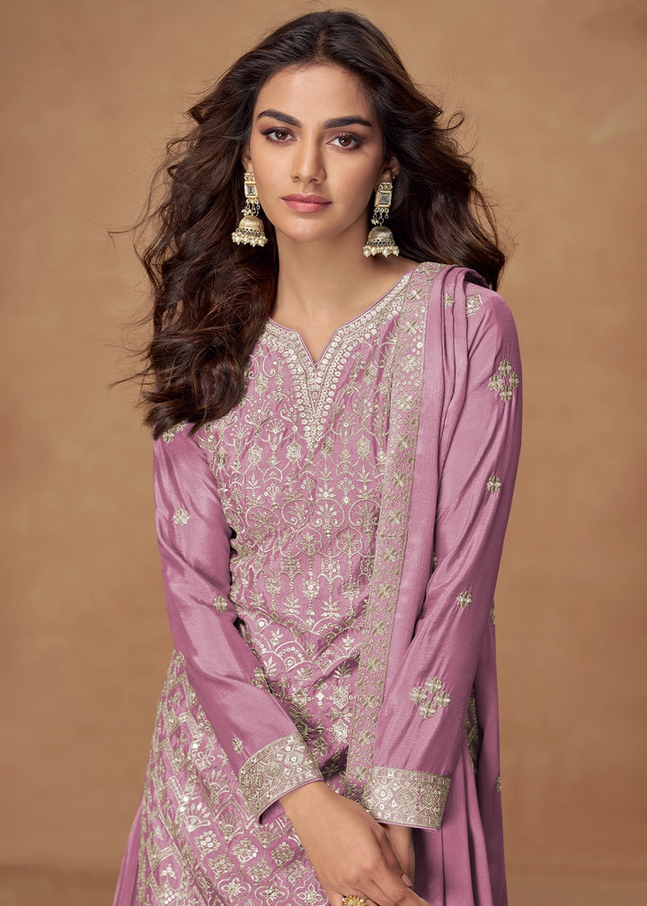 Heliotrope Purrple Embroidered Palazzo Suit in Soft Chinon Silk