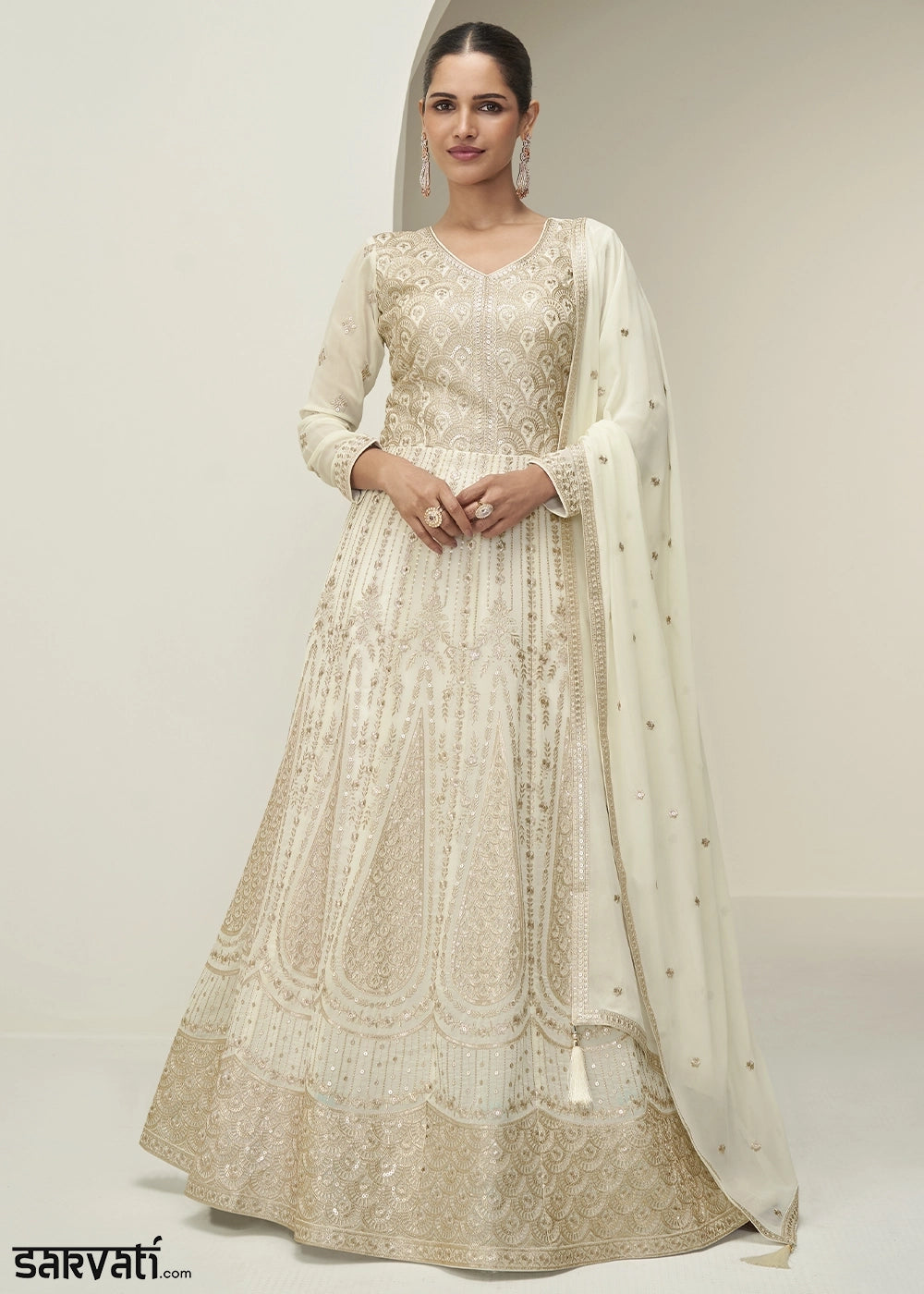Rice White Anarkali Gown in Georgette with Intricate Embroidery Work, S Rice White Anarkali Gown in Georgette with Intricate Embroidery Work, S