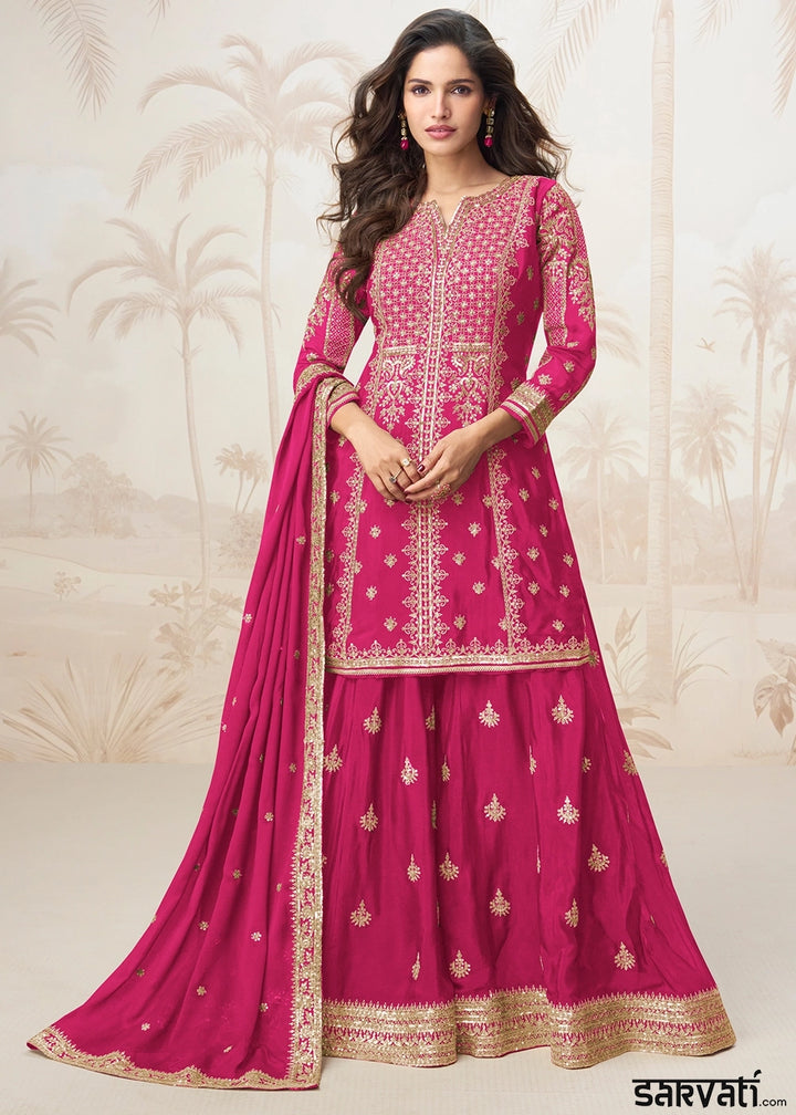 Raspberry Pink Chinon Silk Palazzo Set with Detailed Embroidery