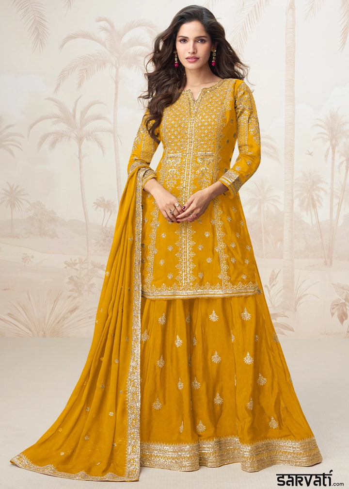 Mustard Yellow Chinon Silk Palazzo Set with Detailed Embroidery