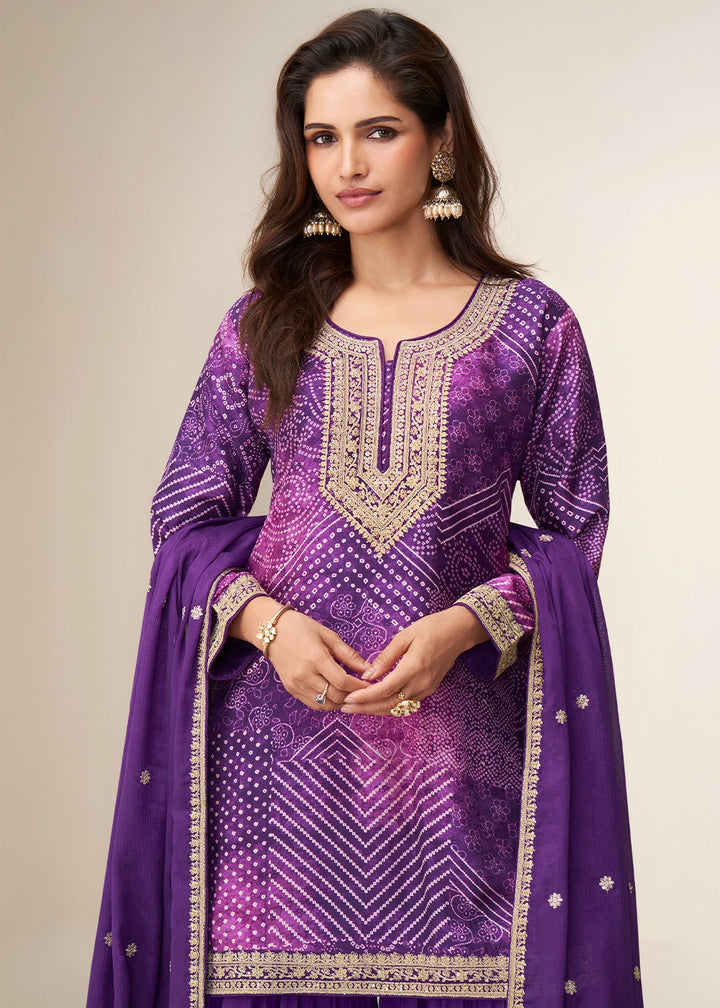 Grape Purple Printed Chinon Silk Palazzo Set with Embroidered Kurta