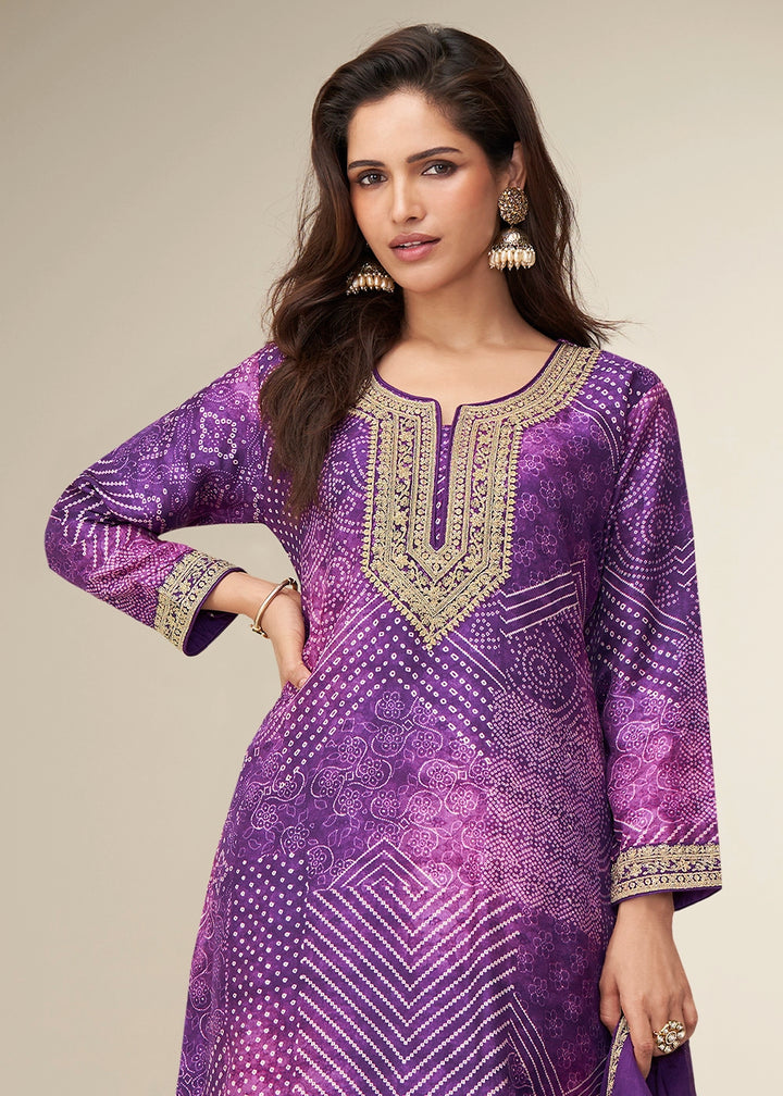 Grape Purple Printed Chinon Silk Palazzo Set with Embroidered Kurta