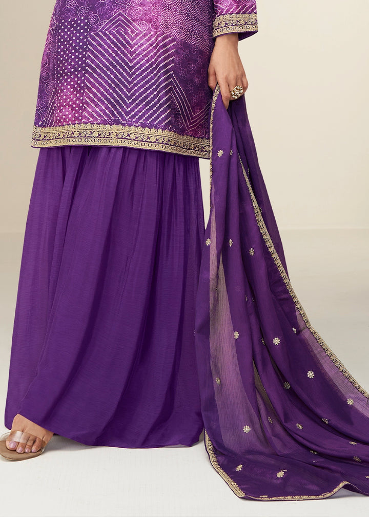 Grape Purple Printed Chinon Silk Palazzo Set with Embroidered Kurta