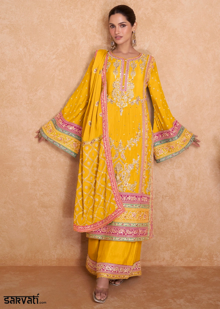 Saffron Yellow Embroidered Palazzo Suit in Chinon Silk