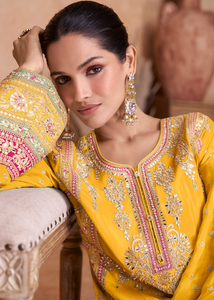 Saffron Yellow Embroidered Palazzo Suit in Chinon Silk