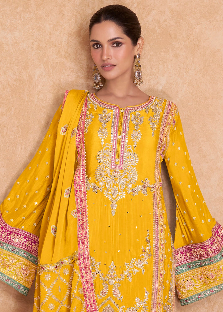 Saffron Yellow Embroidered Palazzo Suit in Chinon Silk