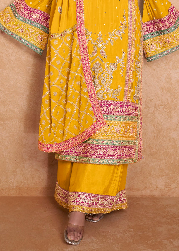 Saffron Yellow Embroidered Palazzo Suit in Chinon Silk