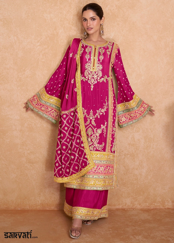 Magenta Pink Embroidered Palazzo Suit in Chinon Silk