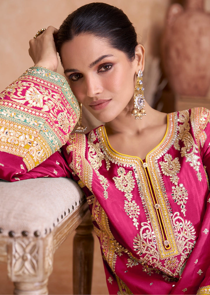 Magenta Pink Embroidered Palazzo Suit in Chinon Silk