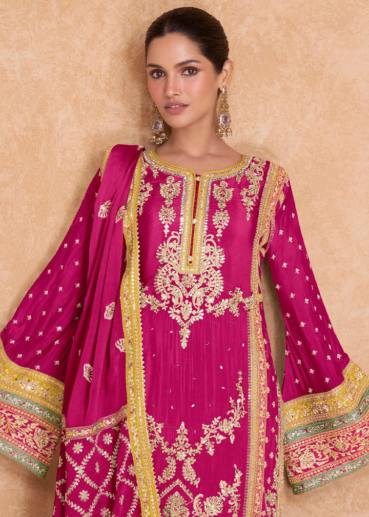 Magenta Pink Embroidered Palazzo Suit in Chinon Silk