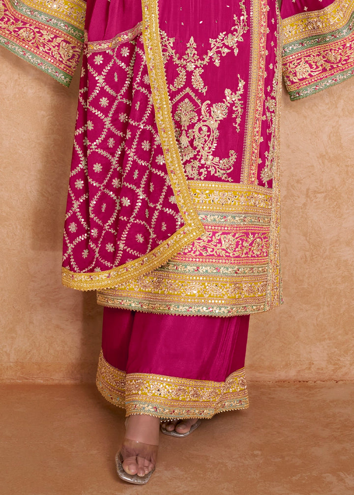 Magenta Pink Embroidered Palazzo Suit in Chinon Silk