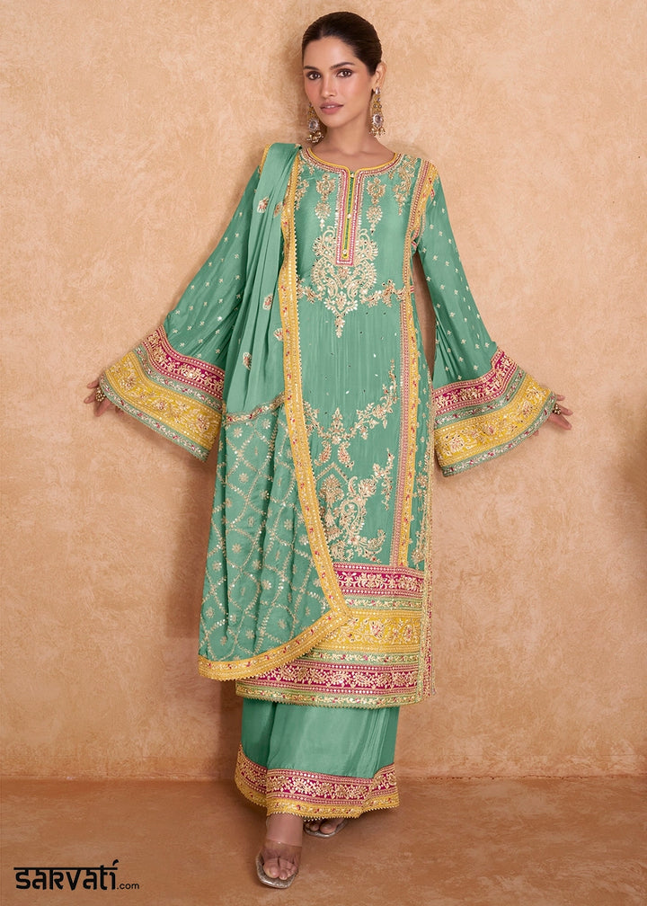 Seafoam Green Embroidered Palazzo Suit in Chinon Silk