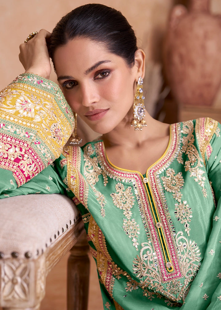 Seafoam Green Embroidered Palazzo Suit in Chinon Silk