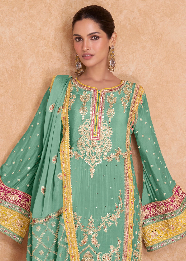Seafoam Green Embroidered Palazzo Suit in Chinon Silk