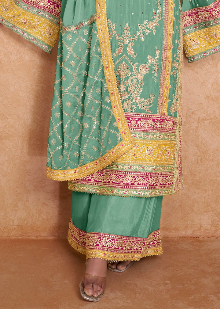 Seafoam Green Embroidered Palazzo Suit in Chinon Silk
