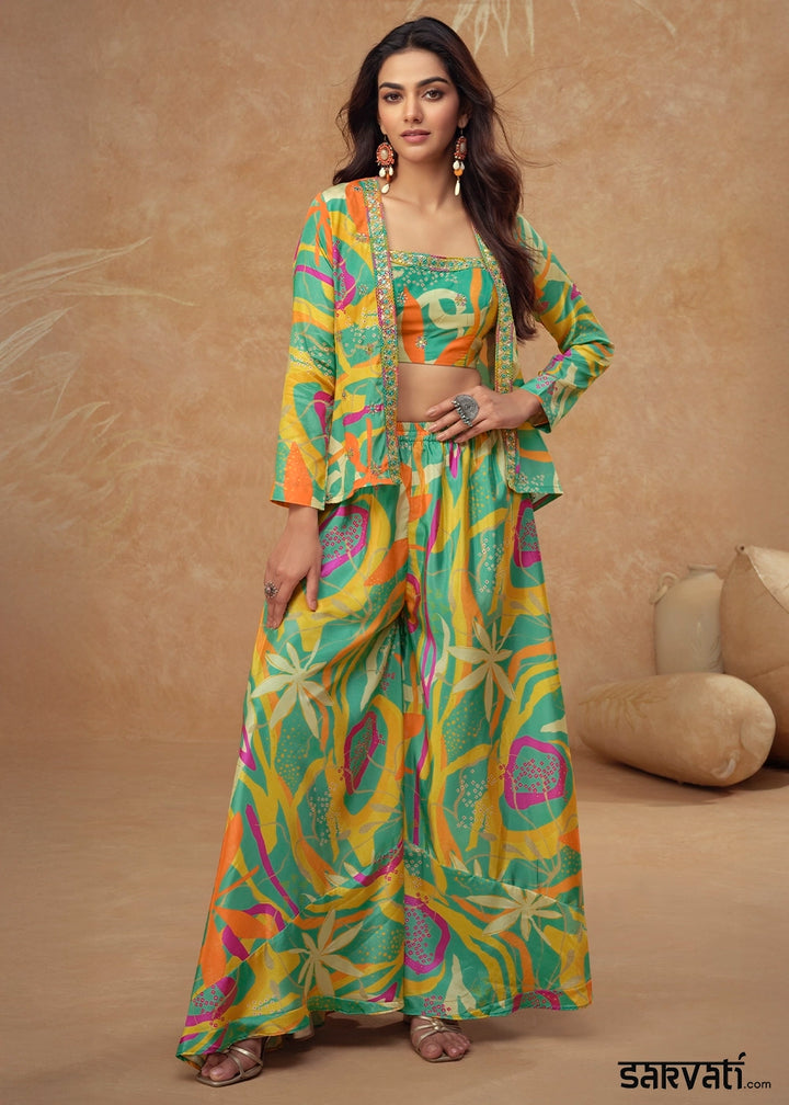 Green Multi-Toned Chinon Silk Palazzo Set with Digital Print & Jacket