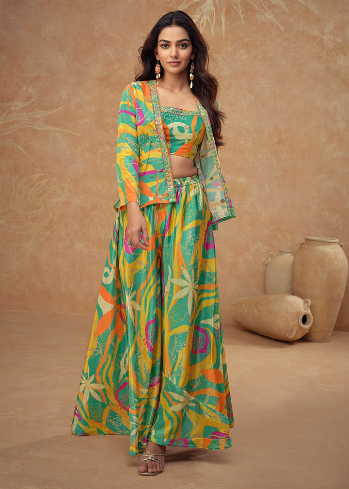 Green Multi-Toned Chinon Silk Palazzo Set with Digital Print & Jacket