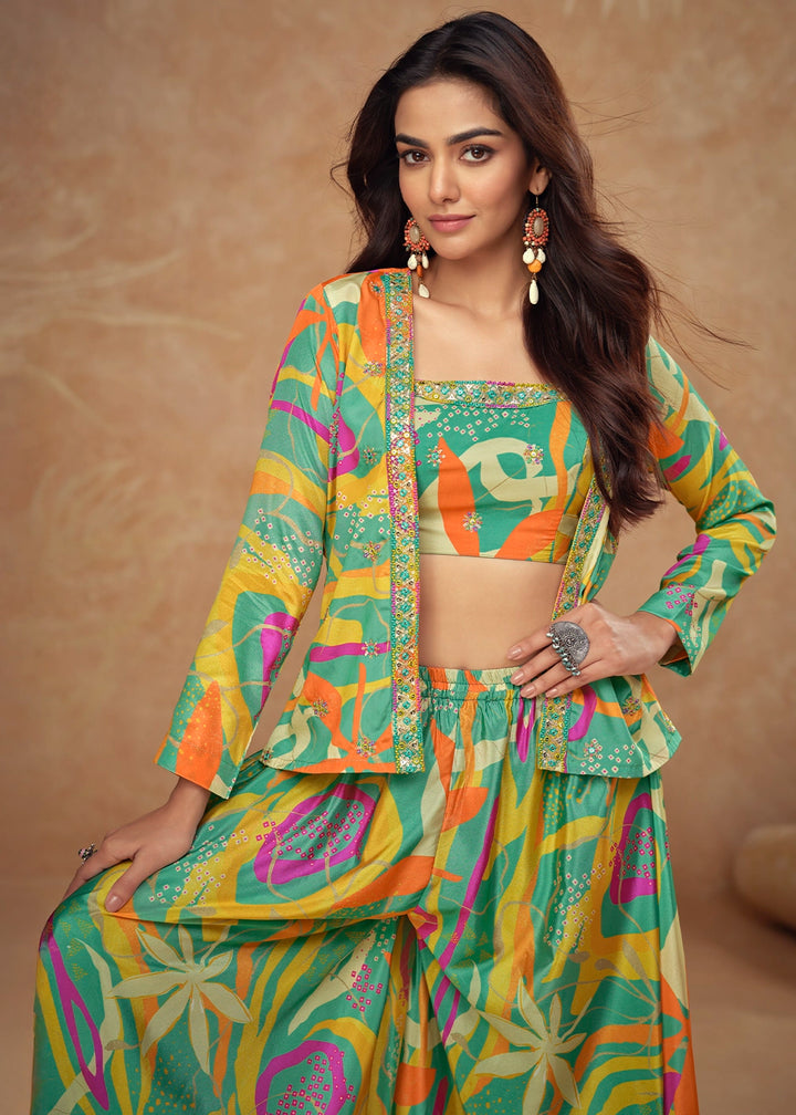 Green Multi-Toned Chinon Silk Palazzo Set with Digital Print & Jacket