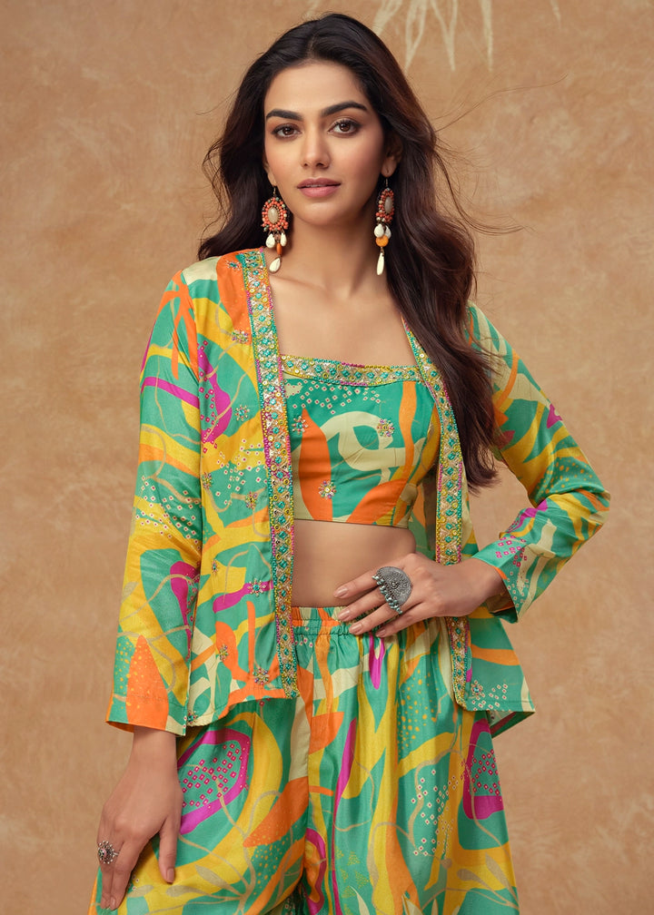 Green Multi-Toned Chinon Silk Palazzo Set with Digital Print & Jacket