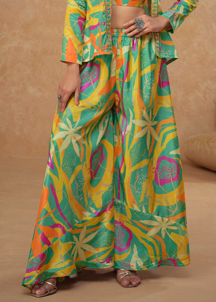 Green Multi-Toned Chinon Silk Palazzo Set with Digital Print & Jacket