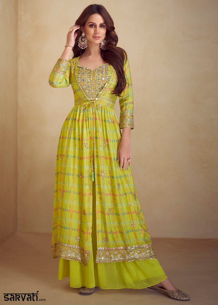 Volt Green Chinon Silk Palazzo Set with Digital Print & Long Jacket