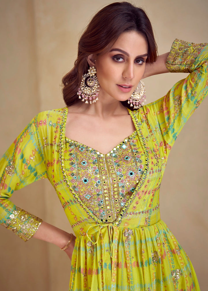 Volt Green Chinon Silk Palazzo Set with Digital Print & Long Jacket
